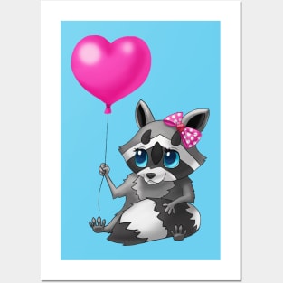 Little Raccoon with a love balloon and a bow on her head Posters and Art